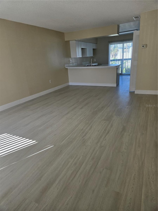 unfurnished living room with wood finished floors, visible vents, baseboards, a sink, and a textured ceiling