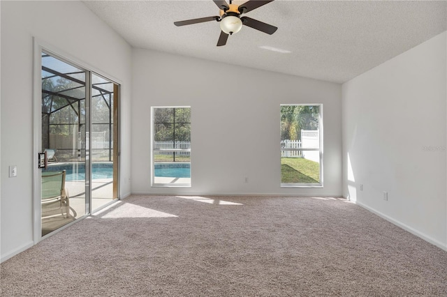 carpeted spare room with lofted ceiling, baseboards, a wealth of natural light, and a textured ceiling