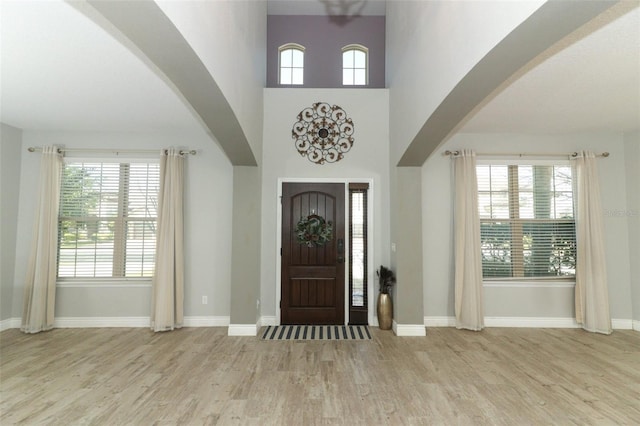 foyer entrance featuring baseboards, a healthy amount of sunlight, and wood finished floors