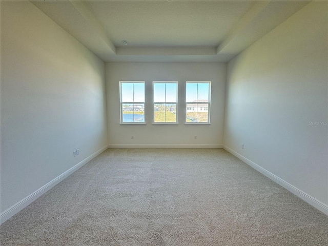 empty room featuring a tray ceiling, baseboards, and light colored carpet