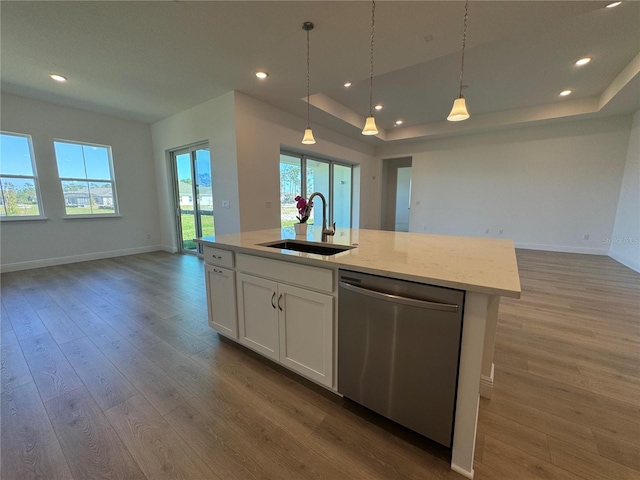 kitchen featuring a sink, a tray ceiling, stainless steel dishwasher, and open floor plan