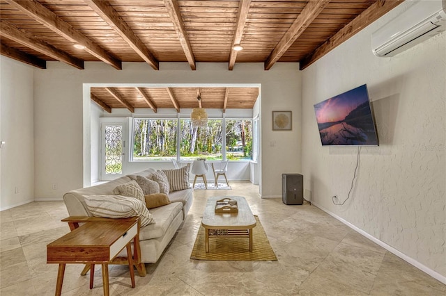 living room featuring baseboards, beamed ceiling, wooden ceiling, a textured wall, and a wall mounted AC