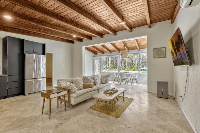 living room with wooden ceiling, a wall unit AC, baseboards, and beam ceiling