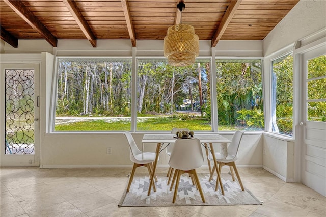 unfurnished sunroom with beamed ceiling, plenty of natural light, and wood ceiling