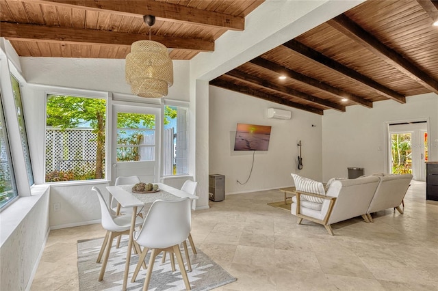 dining room with baseboards, beam ceiling, wooden ceiling, and a wall unit AC