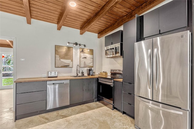 kitchen with beamed ceiling, wooden ceiling, stainless steel appliances, wood counters, and a sink