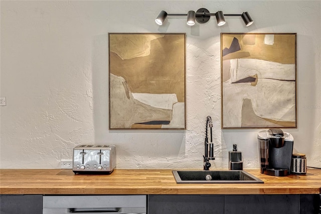 interior details with a textured wall and a sink