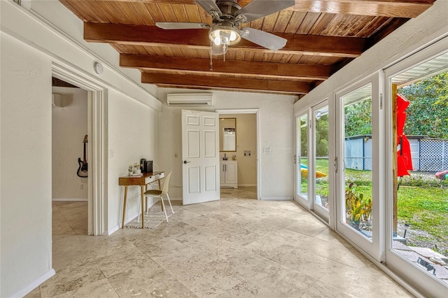 unfurnished sunroom with ceiling fan, wooden ceiling, a wall mounted air conditioner, and beam ceiling