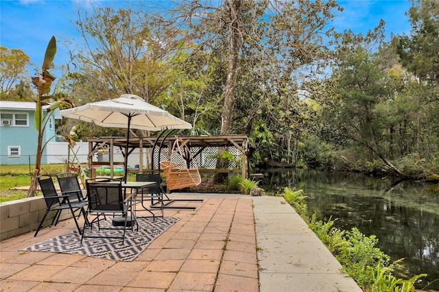 view of patio with fence and a water view