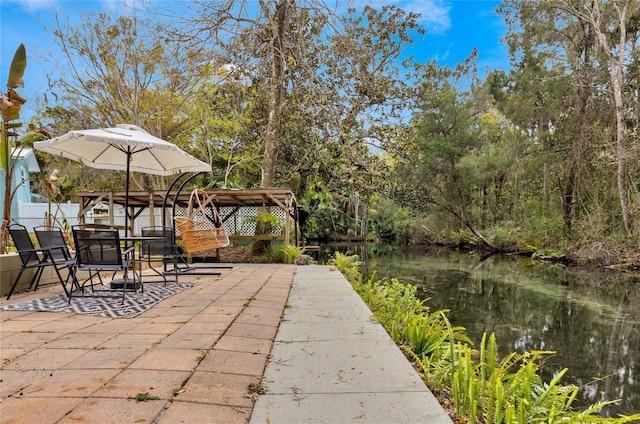 view of patio featuring a water view