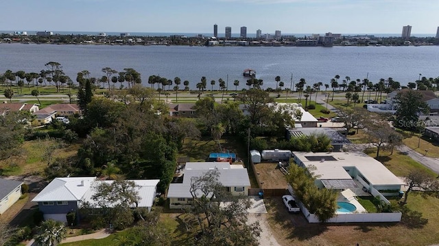 drone / aerial view featuring a water view