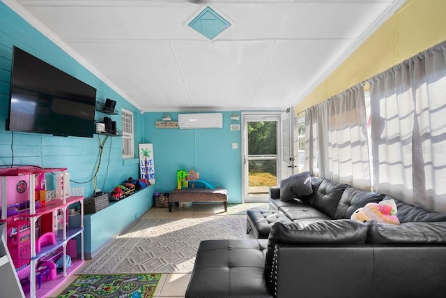 tiled living area featuring an AC wall unit, crown molding, and vaulted ceiling