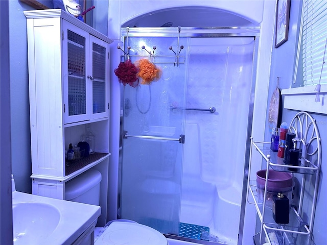 bathroom featuring vanity, a shower stall, and toilet