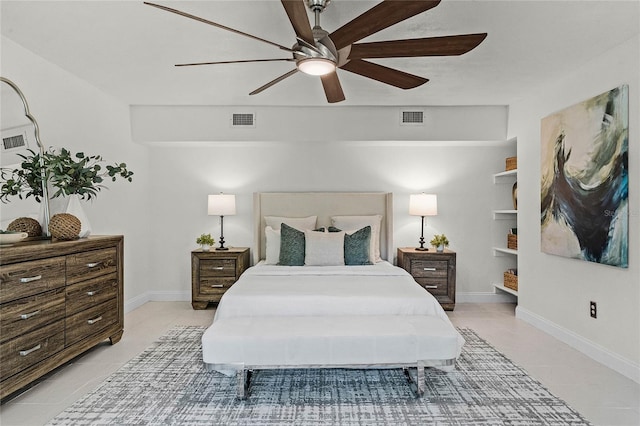 bedroom featuring visible vents, ceiling fan, and baseboards