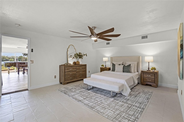 bedroom featuring visible vents, a ceiling fan, and baseboards