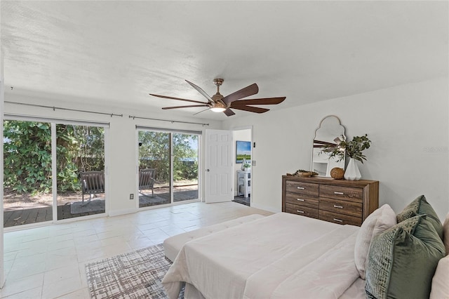 tiled bedroom featuring access to exterior and ceiling fan