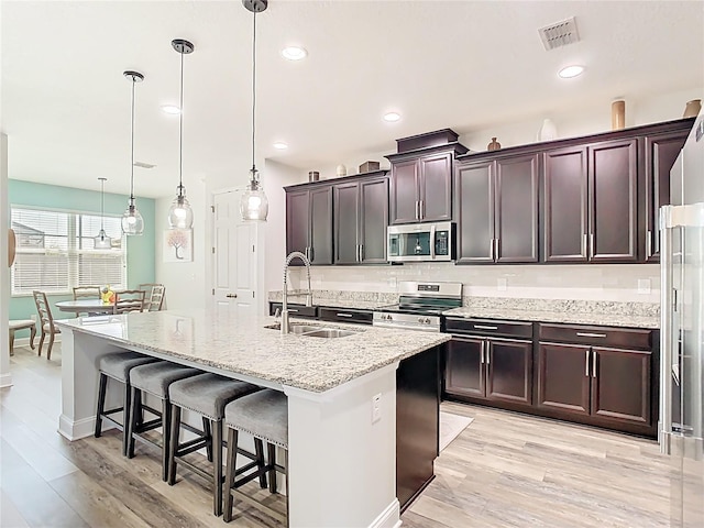 kitchen featuring a sink, light wood-type flooring, visible vents, and stainless steel appliances