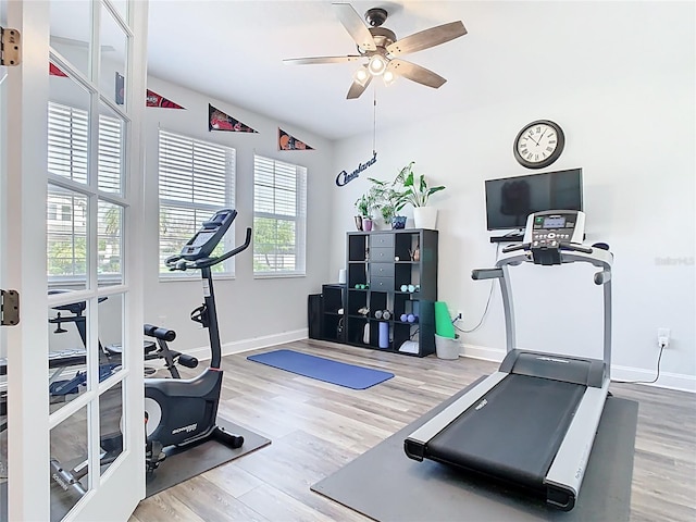 exercise room with ceiling fan, baseboards, and wood finished floors