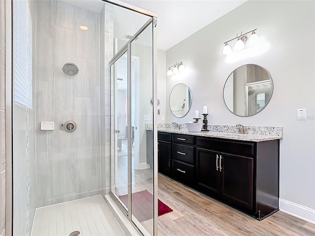 bathroom featuring a shower stall, wood finished floors, double vanity, and a sink