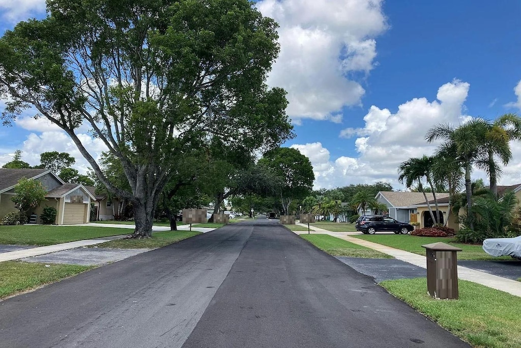 view of road featuring sidewalks and a residential view