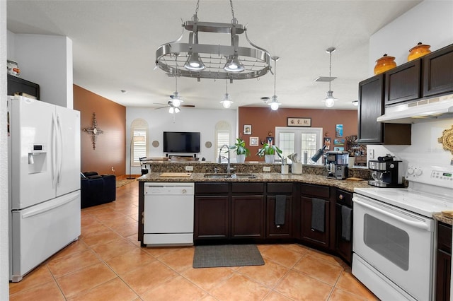 kitchen with under cabinet range hood, open floor plan, a peninsula, white appliances, and a sink