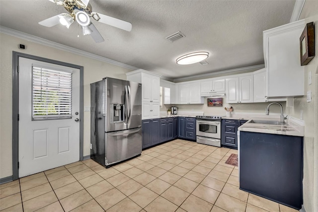 kitchen with white cabinetry, a sink, appliances with stainless steel finishes, and ornamental molding