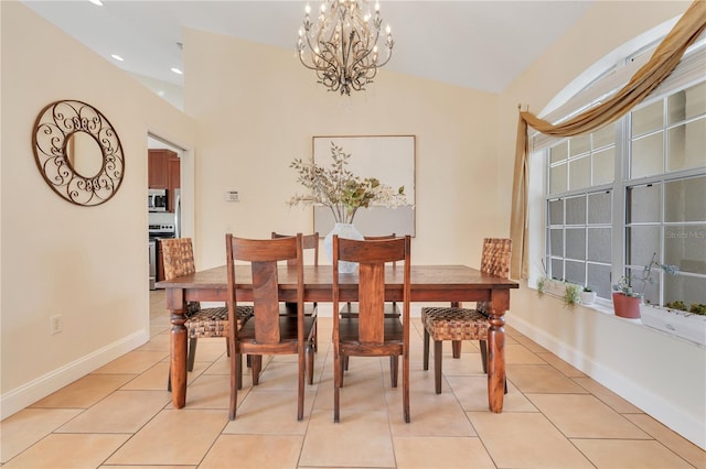 dining space featuring recessed lighting, a chandelier, baseboards, and light tile patterned flooring