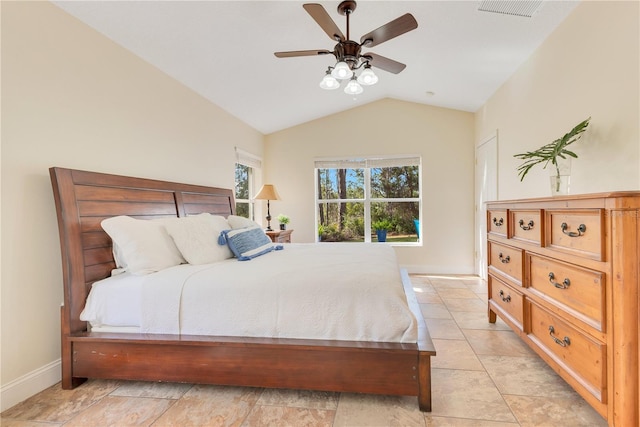 bedroom with lofted ceiling, baseboards, visible vents, and ceiling fan