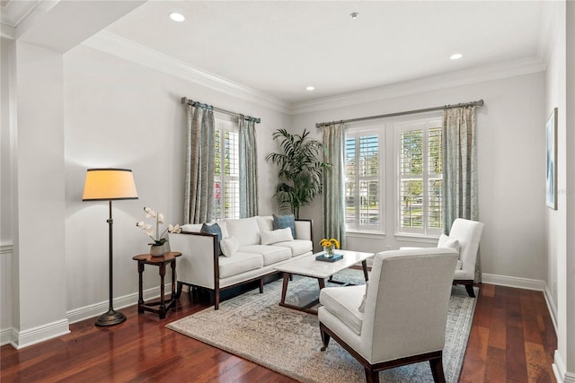 living room with hardwood / wood-style floors, recessed lighting, baseboards, and ornamental molding