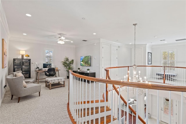 hall featuring visible vents, carpet, a chandelier, ornamental molding, and recessed lighting