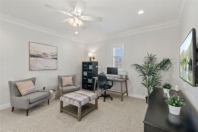 home office featuring light carpet, ceiling fan, crown molding, and baseboards