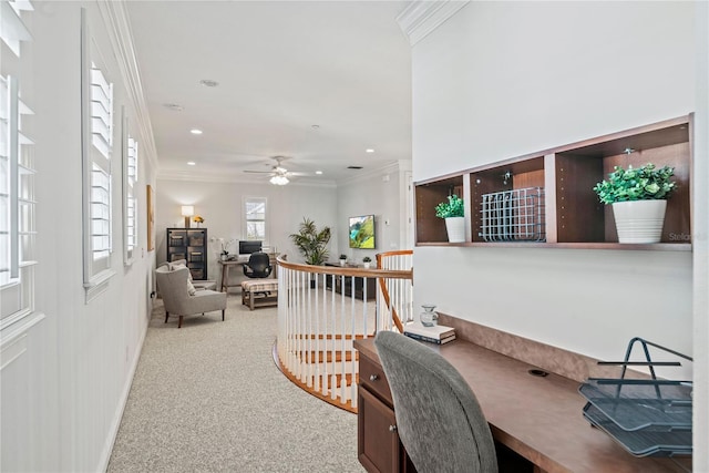 carpeted office space with recessed lighting, ceiling fan, and ornamental molding