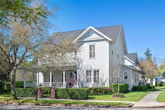 view of front of home featuring covered porch and a front yard