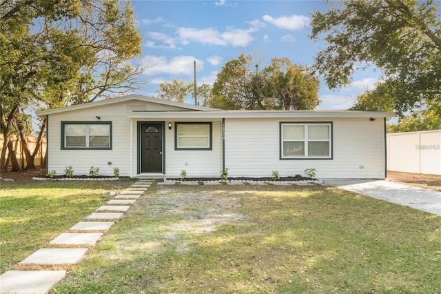 single story home with a front yard and fence