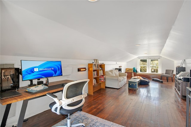 office area with lofted ceiling and hardwood / wood-style flooring