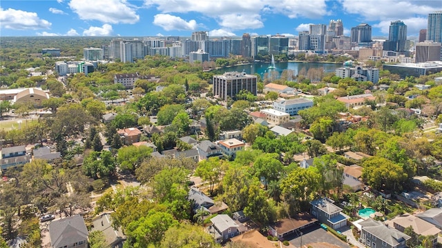 aerial view with a city view and a water view