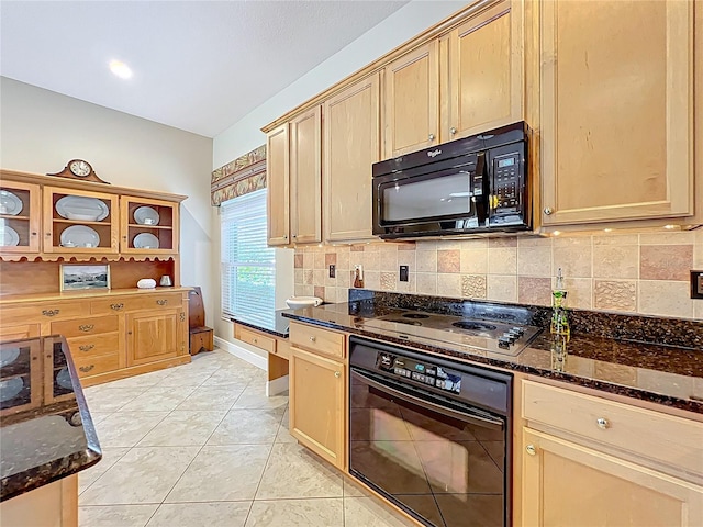 kitchen featuring black appliances, dark stone countertops, open shelves, backsplash, and light tile patterned floors