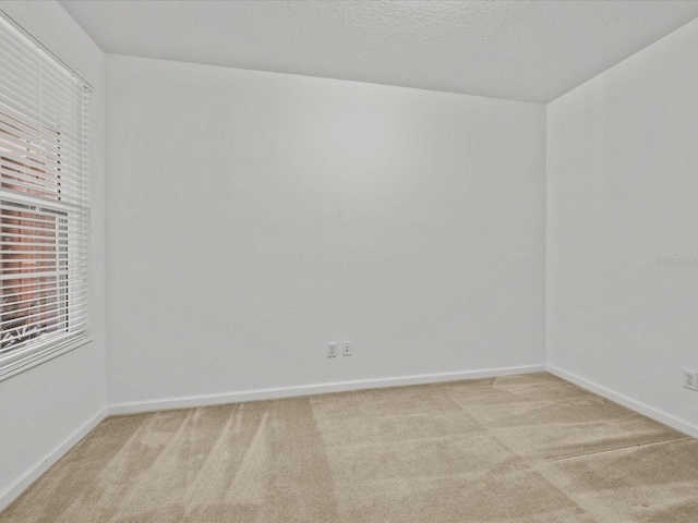 spare room with light colored carpet, a textured ceiling, and baseboards