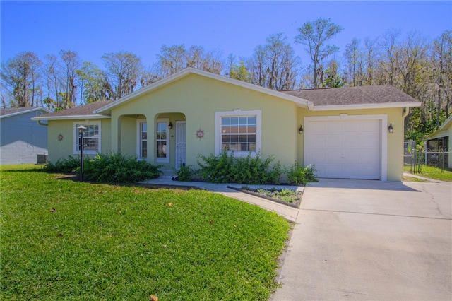 single story home featuring fence, driveway, an attached garage, stucco siding, and a front lawn