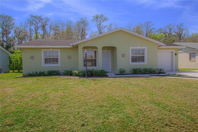 single story home featuring stucco siding, a front lawn, concrete driveway, and an attached garage