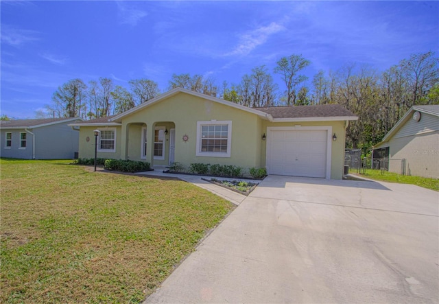 ranch-style house with stucco siding, an attached garage, a front lawn, and fence