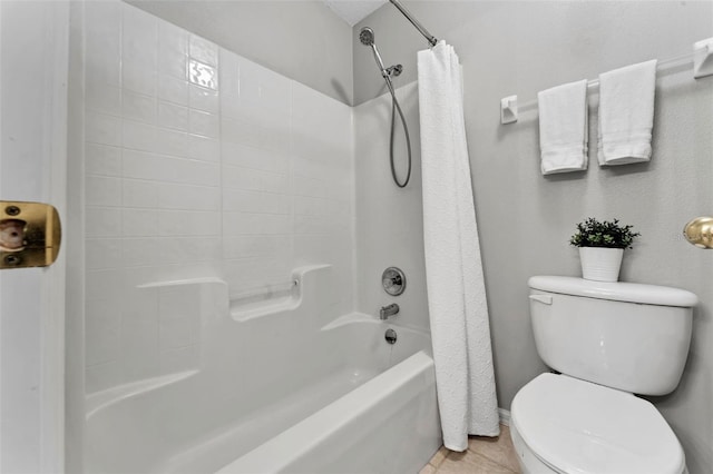 bathroom with tile patterned flooring, toilet, and shower / bathtub combination with curtain