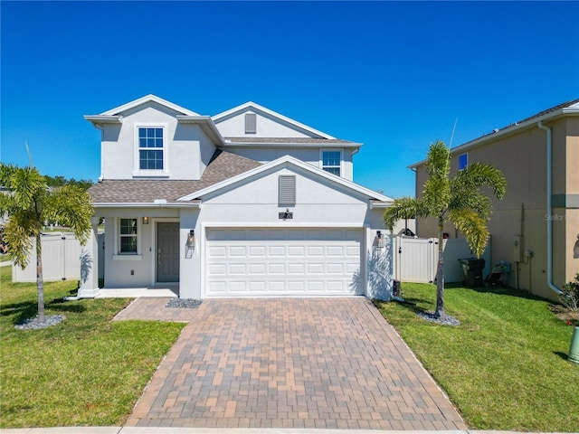 traditional-style home featuring stucco siding, decorative driveway, a front lawn, and a gate