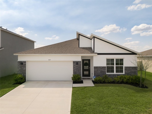 view of front facade featuring an attached garage, a front lawn, roof with shingles, stone siding, and driveway