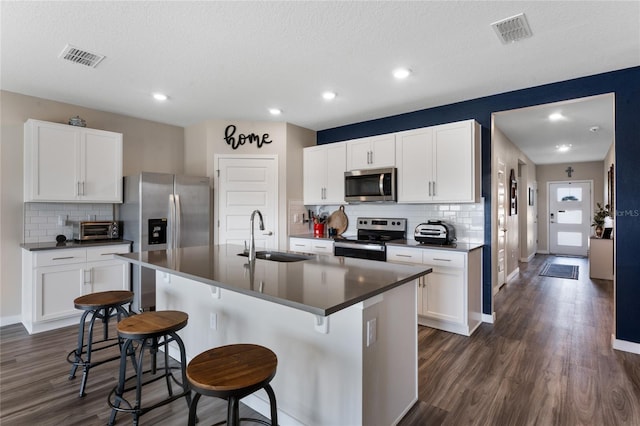 kitchen featuring visible vents, a sink, dark countertops, dark wood finished floors, and appliances with stainless steel finishes