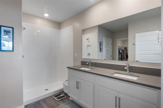 bathroom featuring a walk in closet, a tile shower, and a sink