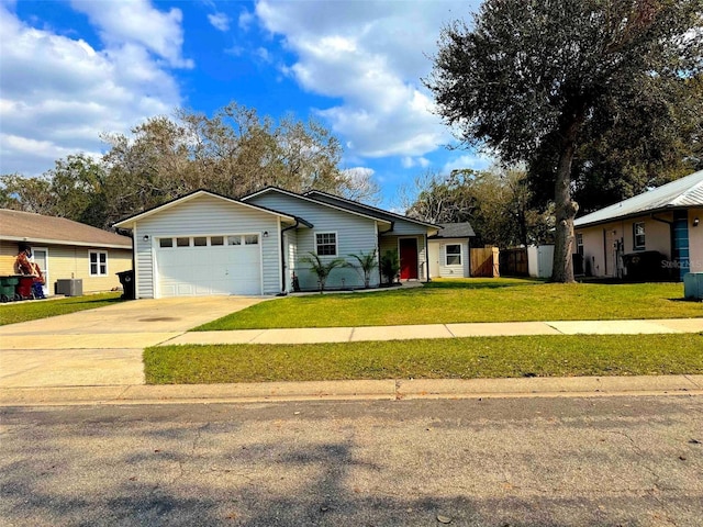 single story home featuring a garage, concrete driveway, central AC, and a front lawn