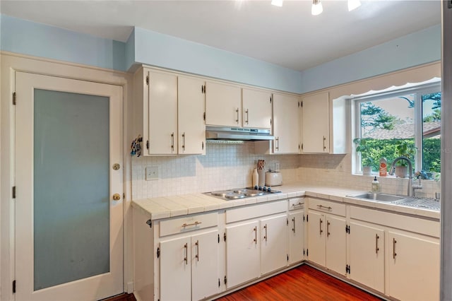 kitchen featuring a sink, under cabinet range hood, wood finished floors, stovetop, and decorative backsplash