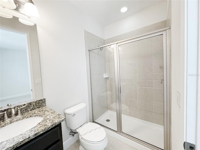 full bathroom featuring a shower stall, vanity, and toilet