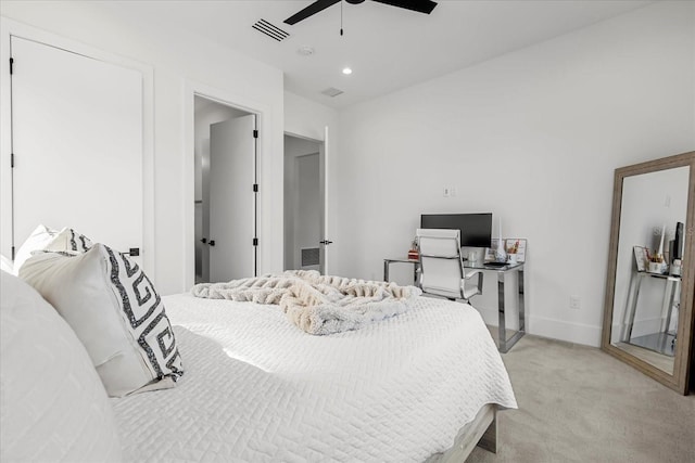 bedroom featuring visible vents, ceiling fan, baseboards, light carpet, and recessed lighting